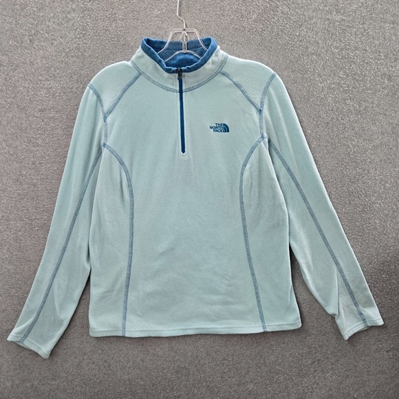 The North Face Women Sweatshirt Medium Blue Logo 1/2 Zip Mock Neck Long Sleeve - Picture 1 of 10